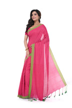 Red Handloom Saree with Green Border & Pompom Pallu