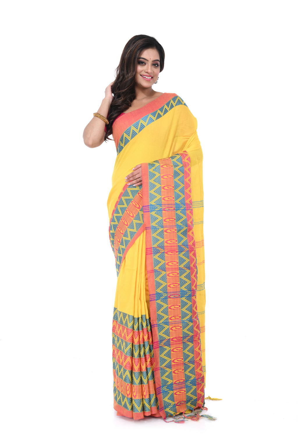 Yellow Handloom Saree with Multicolour Big Border