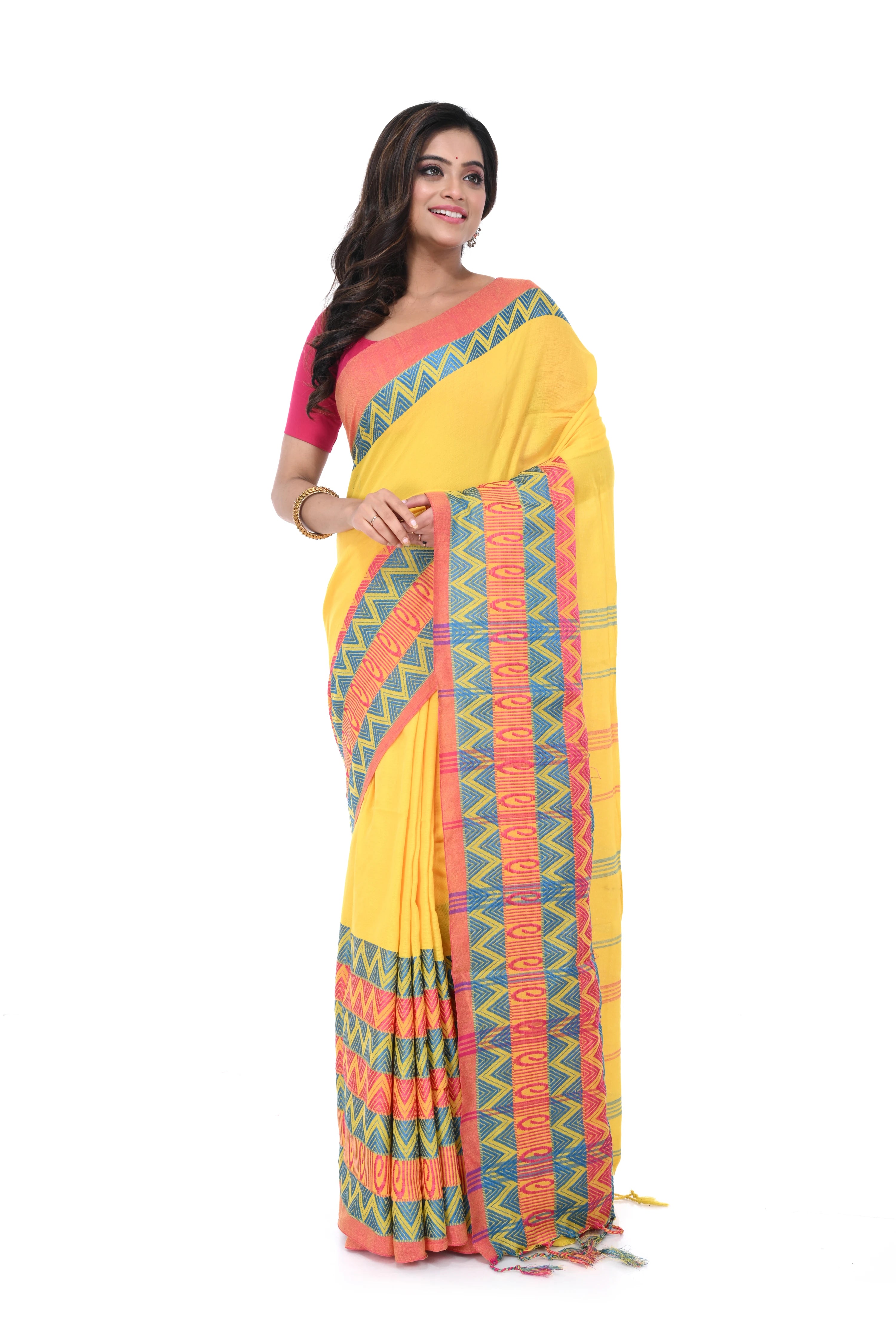 Yellow Handloom Saree with Multicolour Big Border
