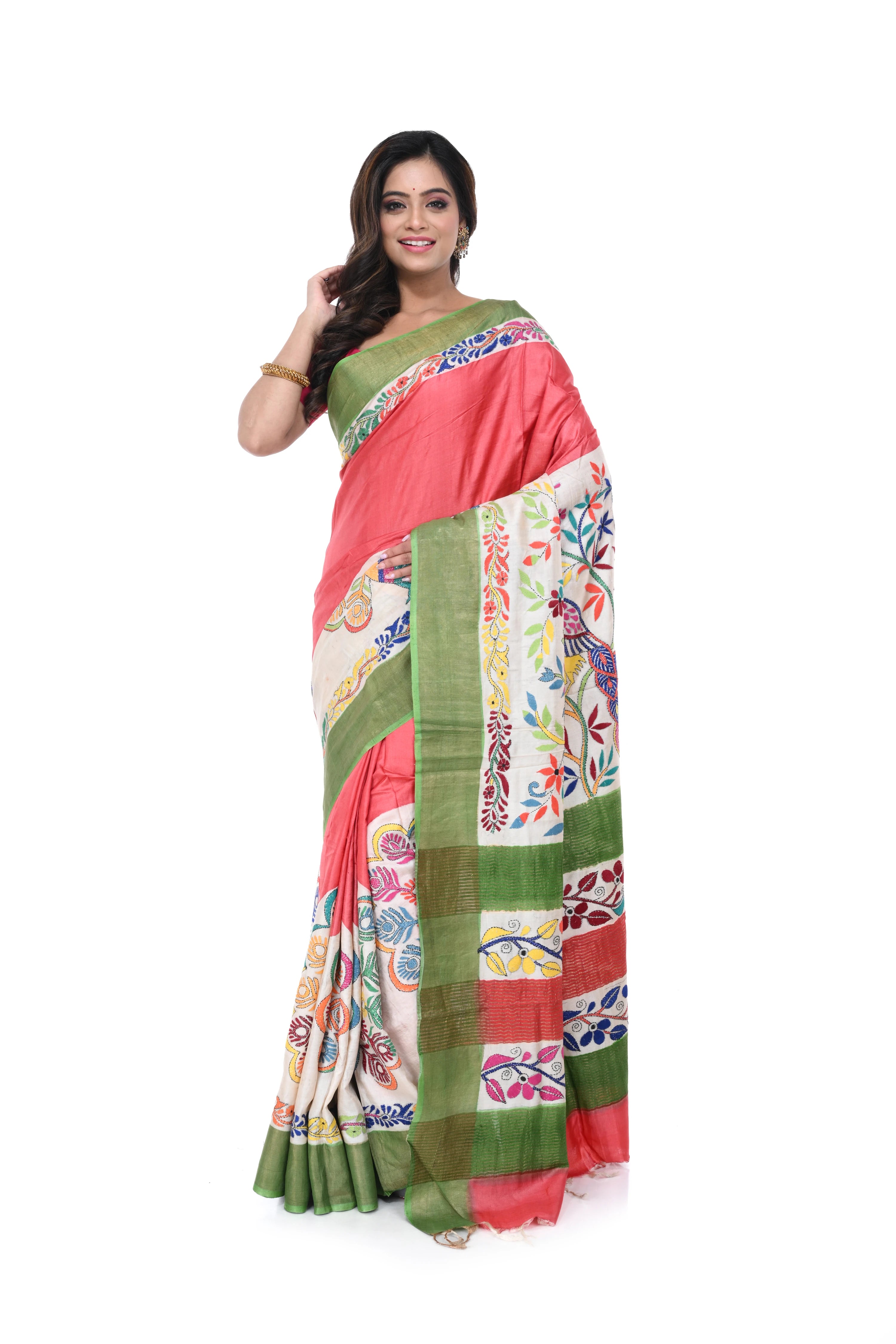 Peach - Pink Gachi Tussar Saree with Green Border & Kantha Work