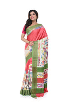 Peach - Pink Gachi Tussar Saree with Green Border & Kantha Work