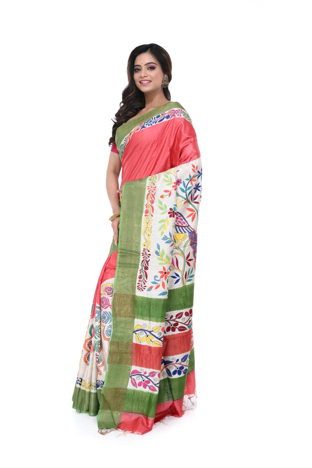 Peach - Pink Gachi Tussar Saree with Green Border & Kantha Work
