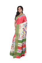 Peach - Pink Gachi Tussar Saree with Green Border & Kantha Work