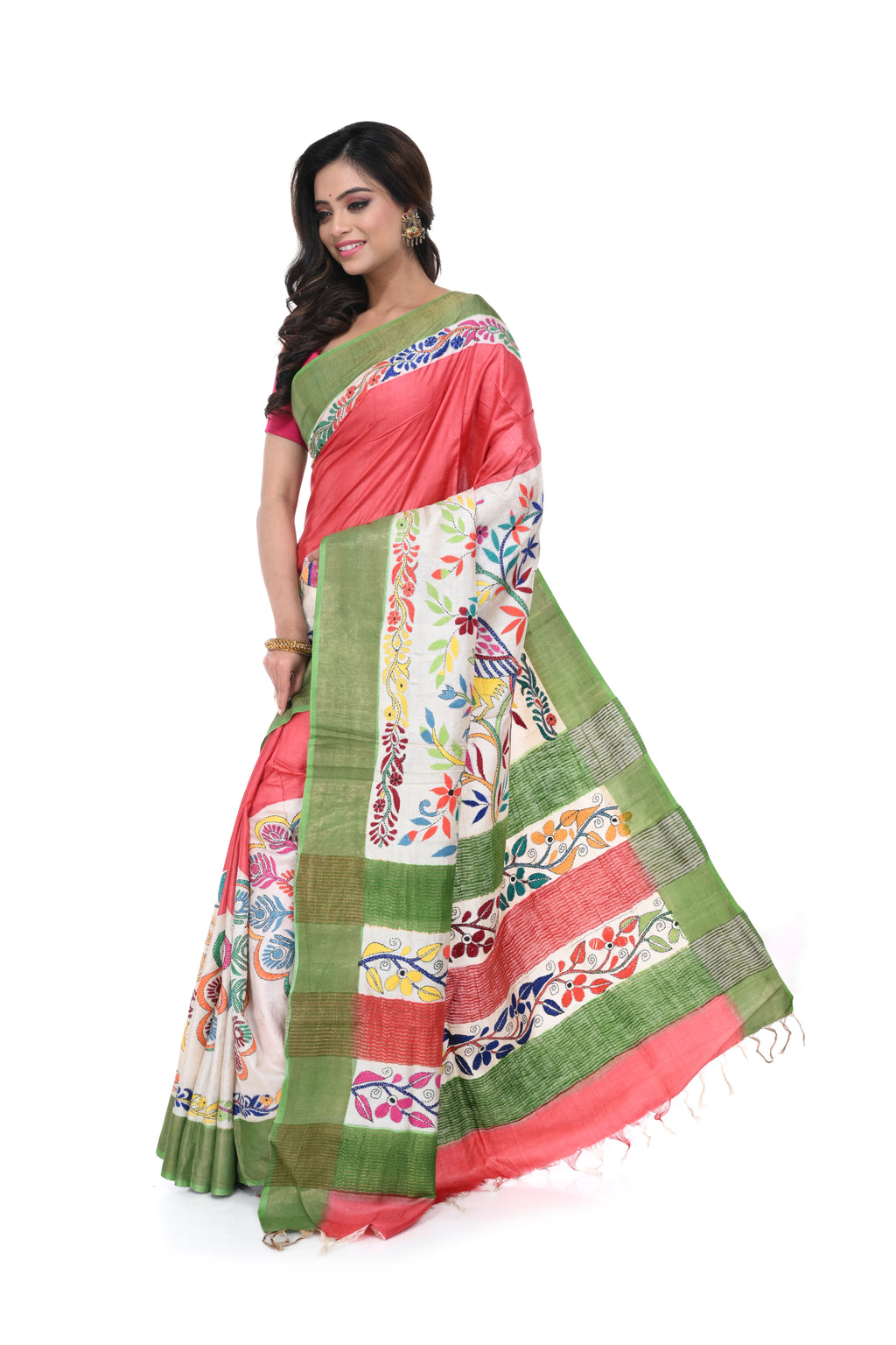 Peach - Pink Gachi Tussar Saree with Green Border & Kantha Work