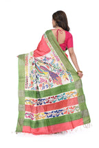 Peach - Pink Gachi Tussar Saree with Green Border & Kantha Work