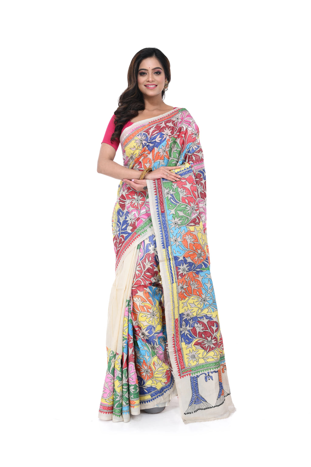 Reverse Kantha Pure Tussar Saree with Multicolour Floral Work