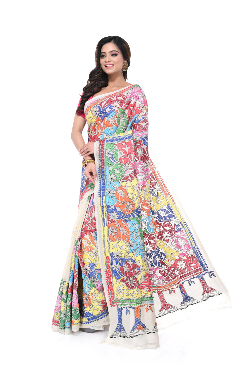 Reverse Kantha Pure Tussar Saree with Multicolour Floral Work