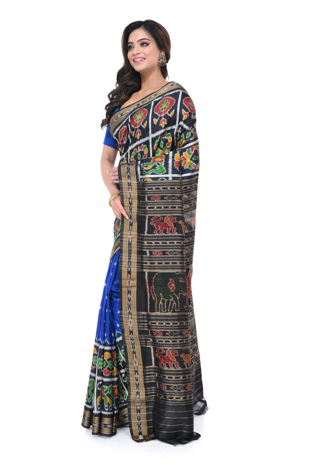 Blue & Black Khandua Silk Saree with Animal Motif Border & Pallu