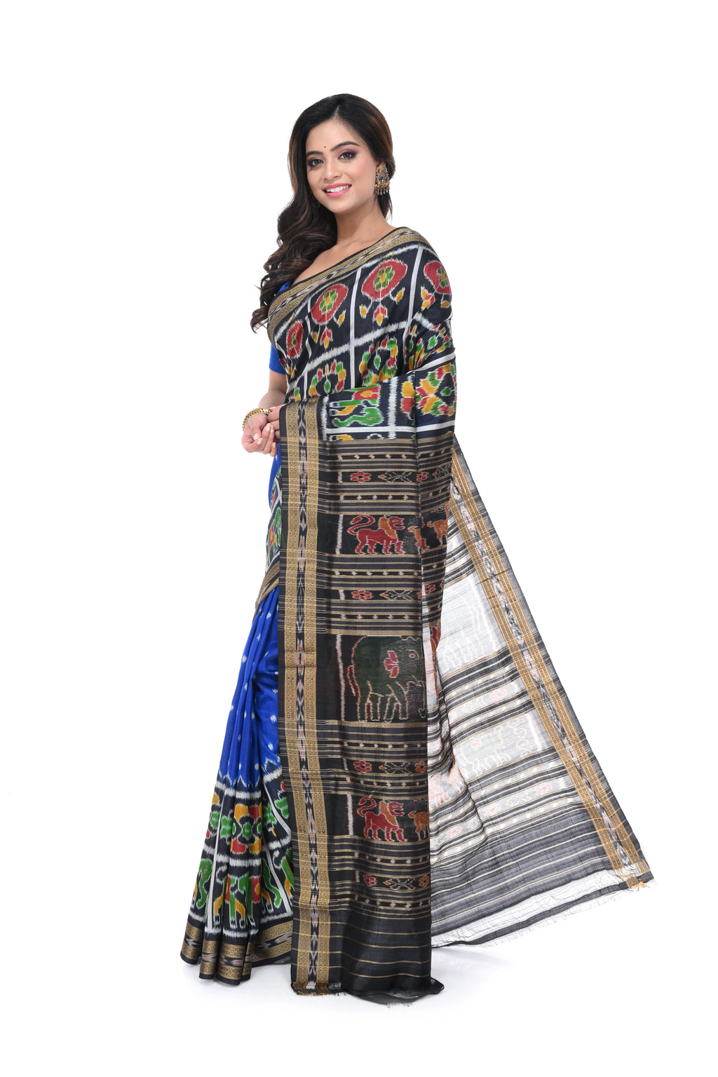 Blue & Black Khandua Silk Saree with Animal Motif Border & Pallu