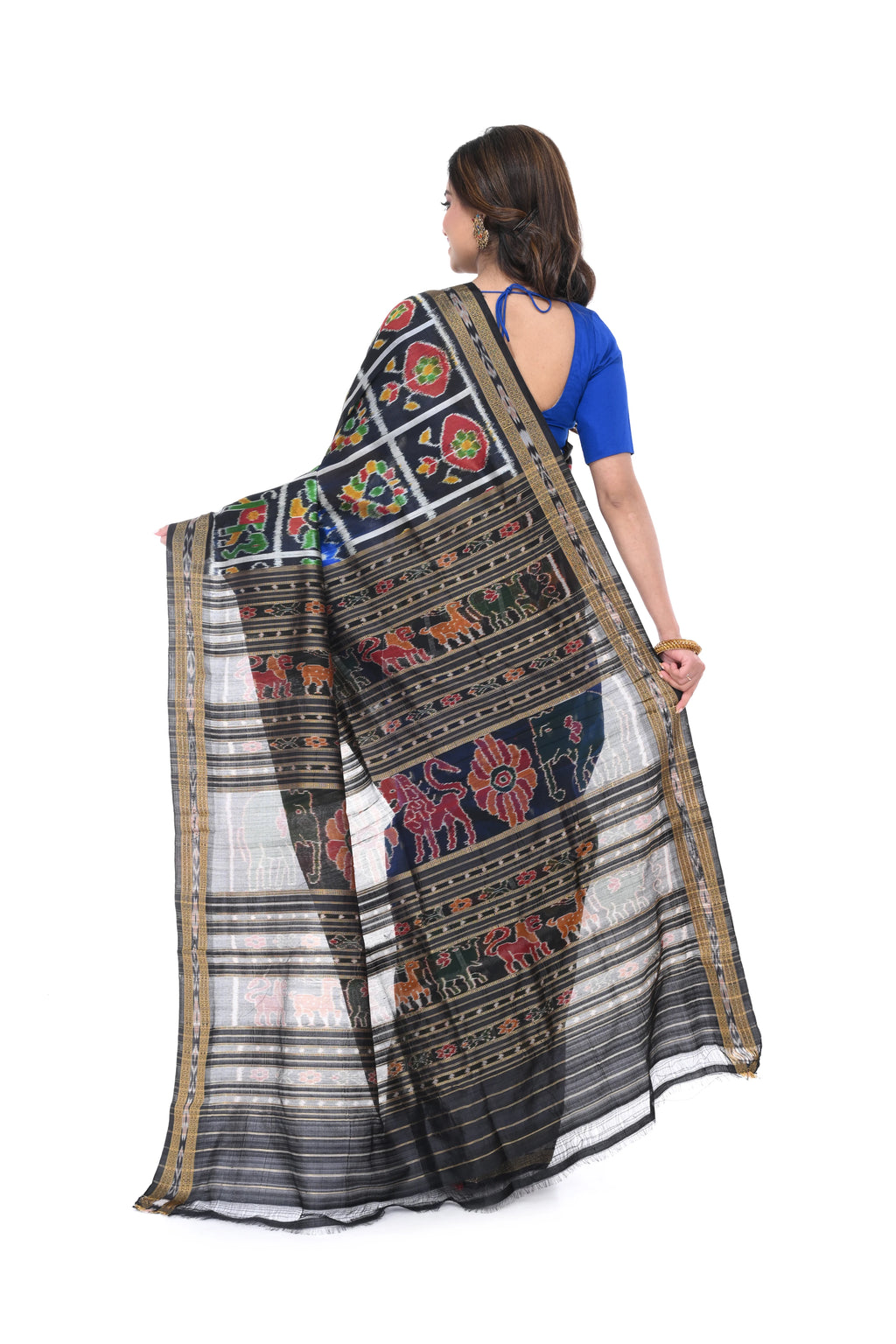 Blue & Black Khandua Silk Saree with Animal Motif Border & Pallu