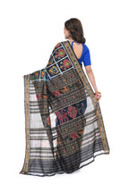 Blue & Black Khandua Silk Saree with Animal Motif Border & Pallu
