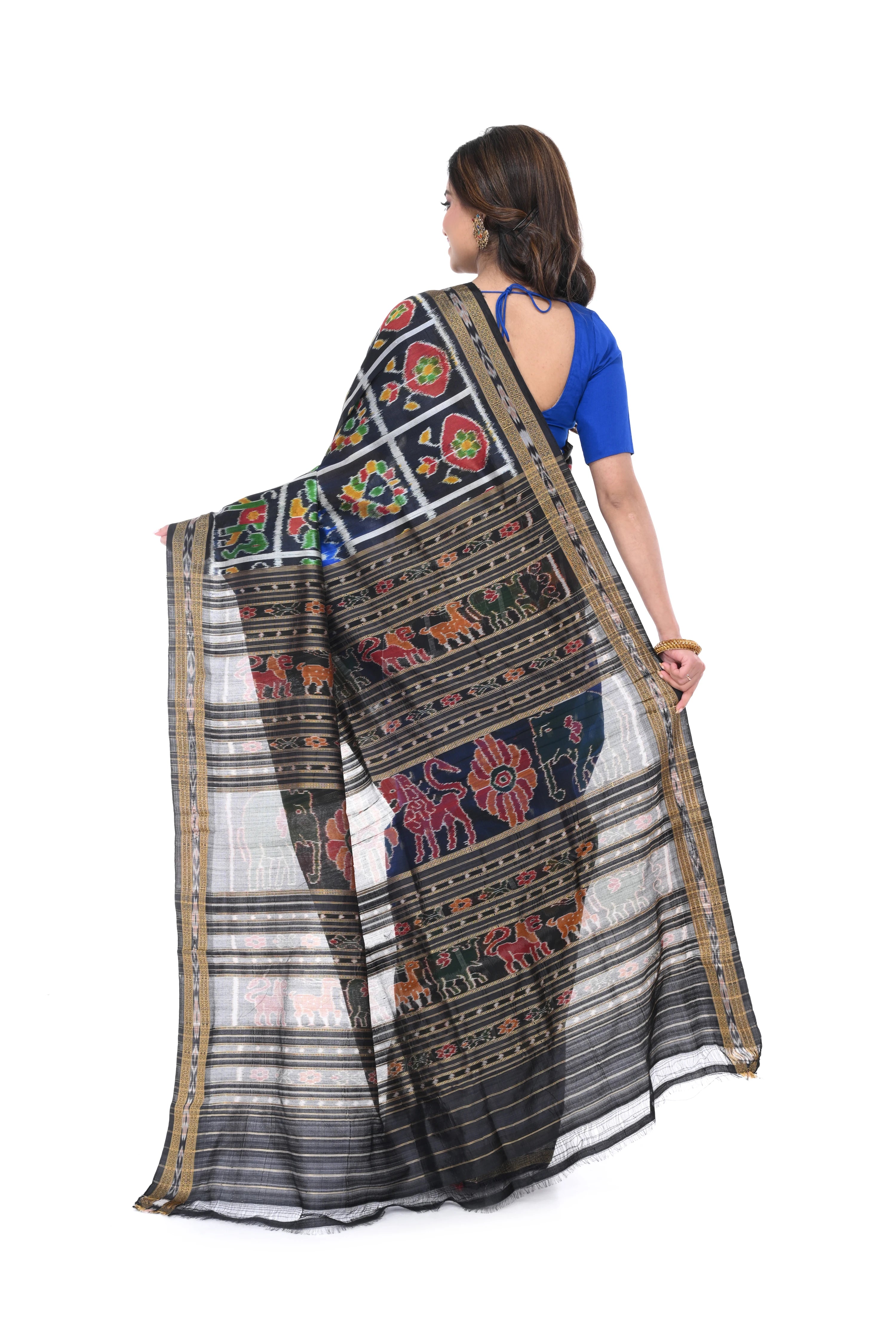 Blue & Black Khandua Silk Saree with Animal Motif Border & Pallu