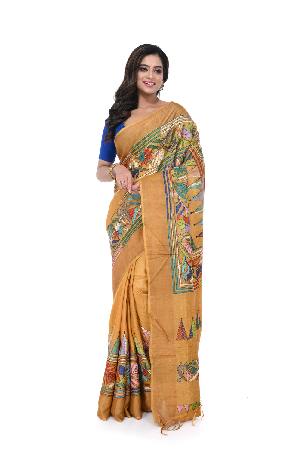 Golden Gachi Tussar Saree with Multicolour Kantha Work & Zari Border