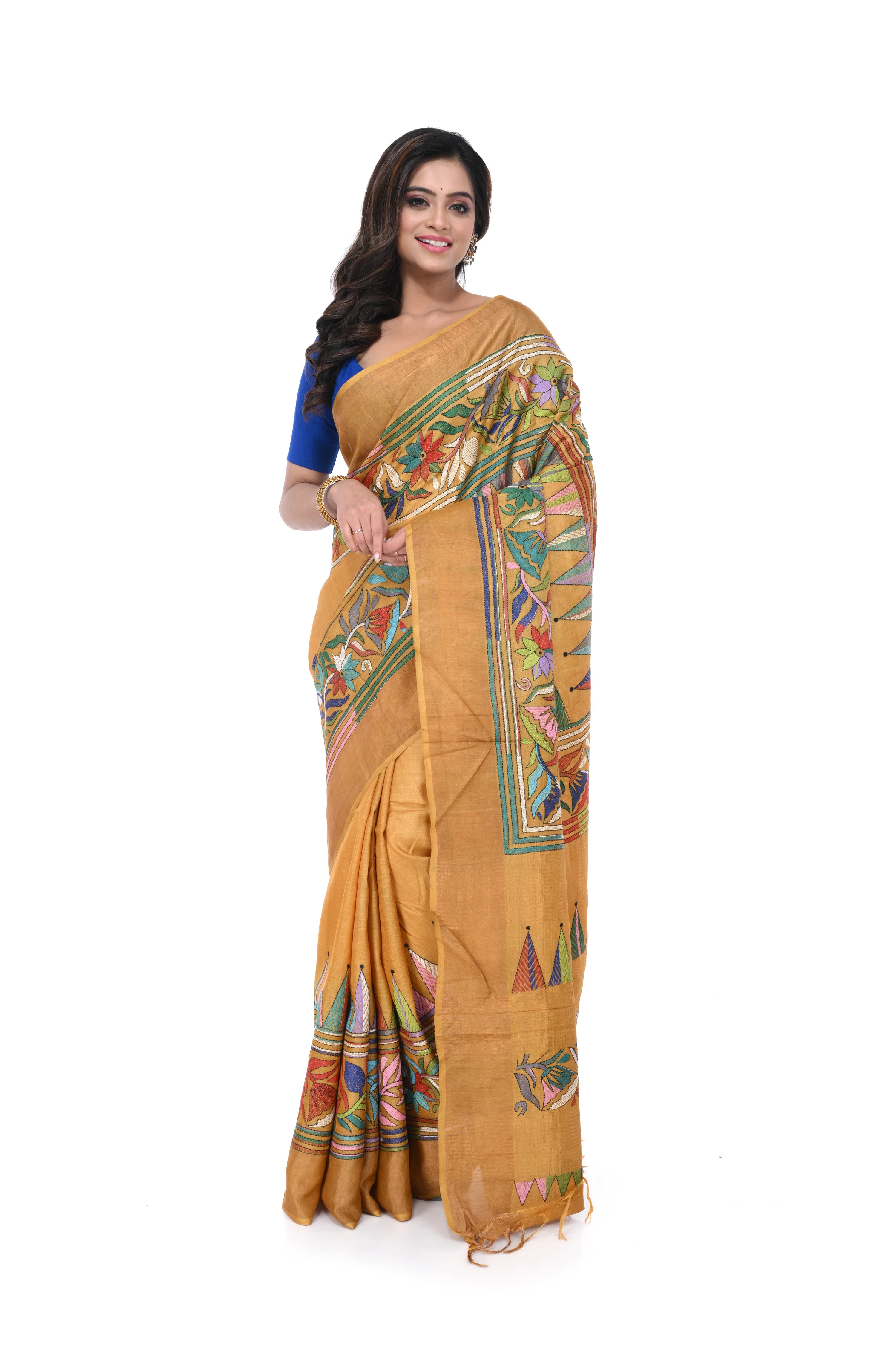 Golden Gachi Tussar Saree with Multicolour Kantha Work & Zari Border