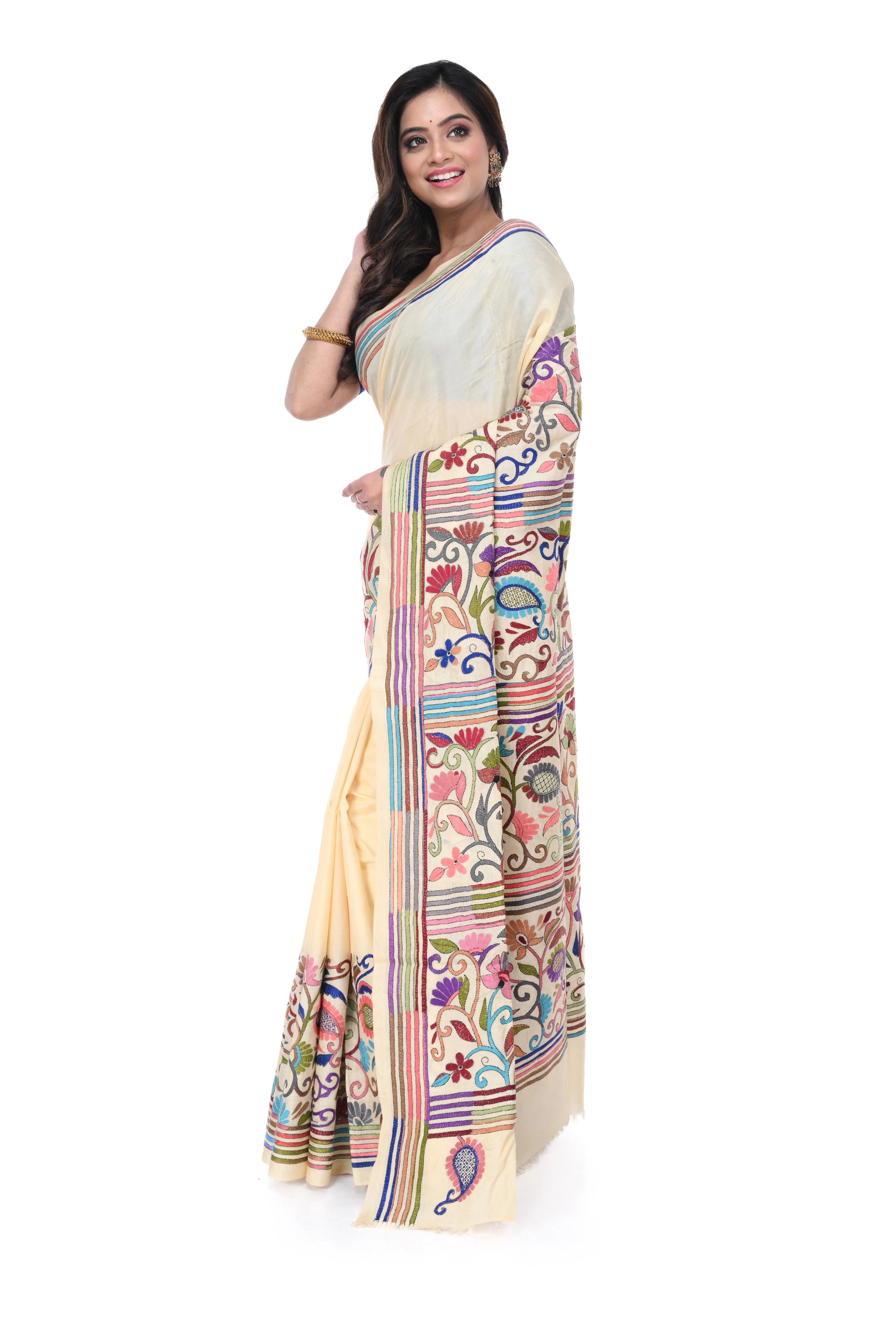 Tussar Saree with Kantha Work Border & Rich Pallu