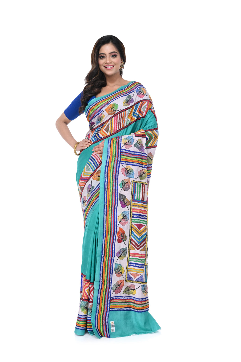 Turquish Blue Silk Saree with Kantha Work & Heavy Pallu