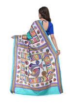 Turquish Blue Silk Saree with Kantha Work & Heavy Pallu