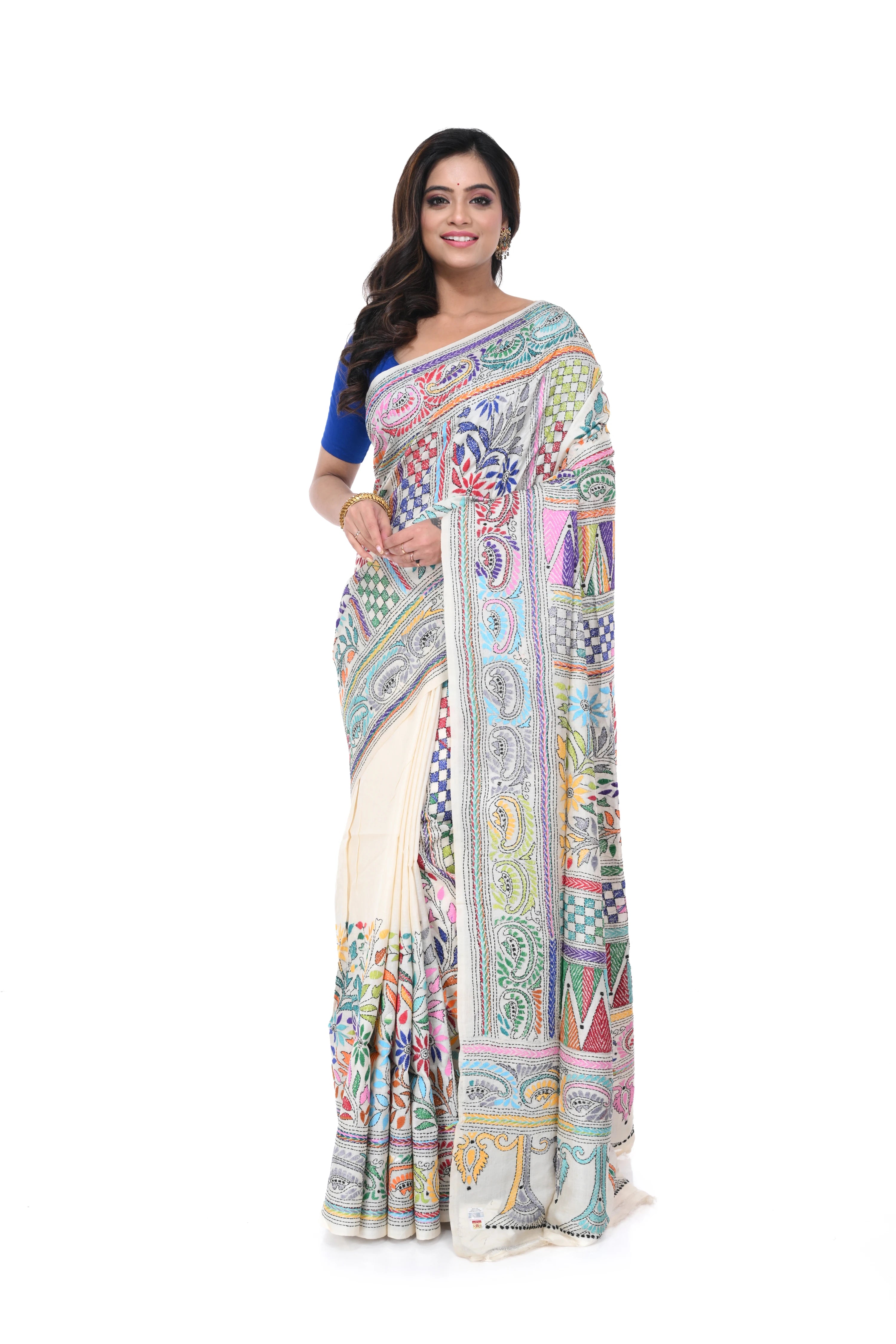 Tussar Silk Saree with Vertical Kantha Work