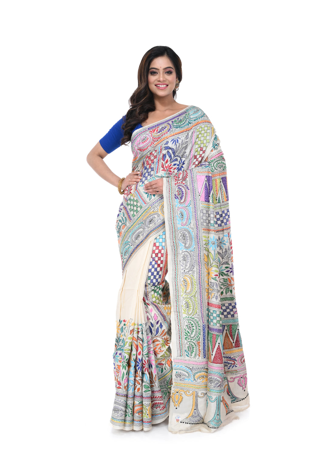 Tussar Silk Saree with Vertical Kantha Work