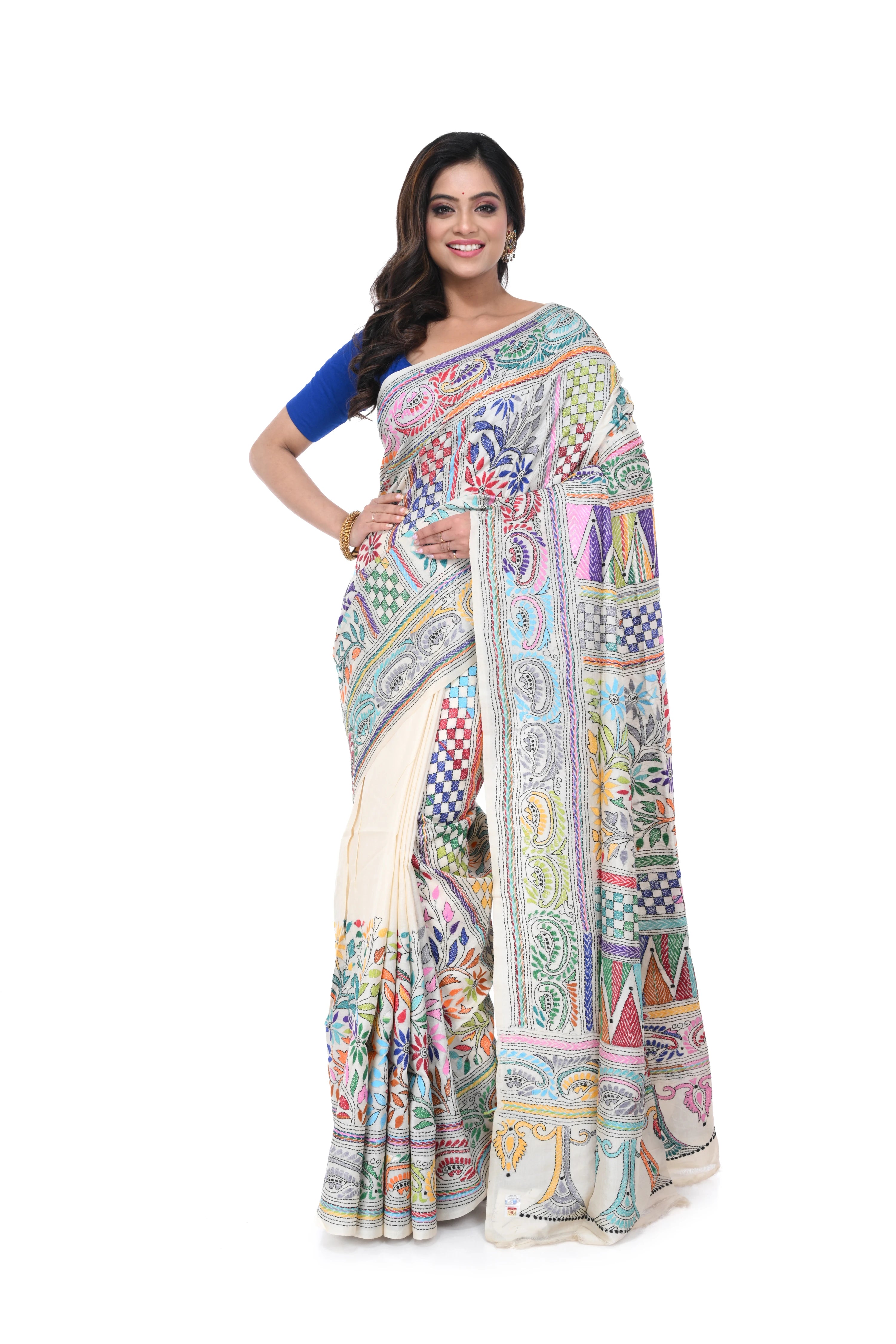 Tussar Silk Saree with Vertical Kantha Work