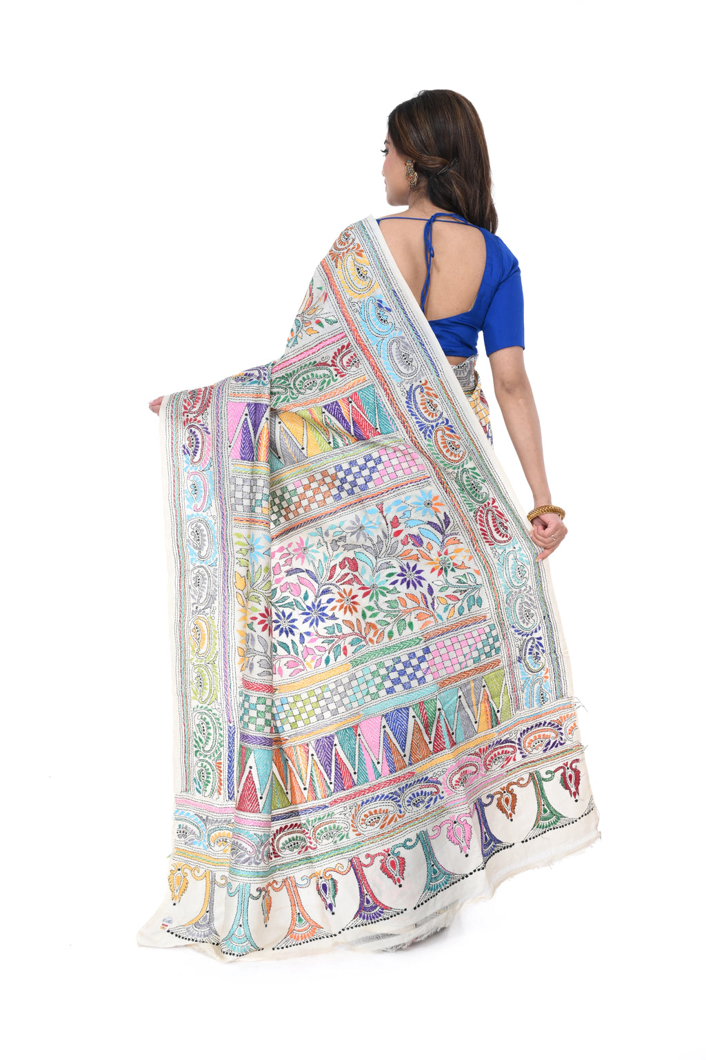 Tussar Silk Saree with Vertical Kantha Work