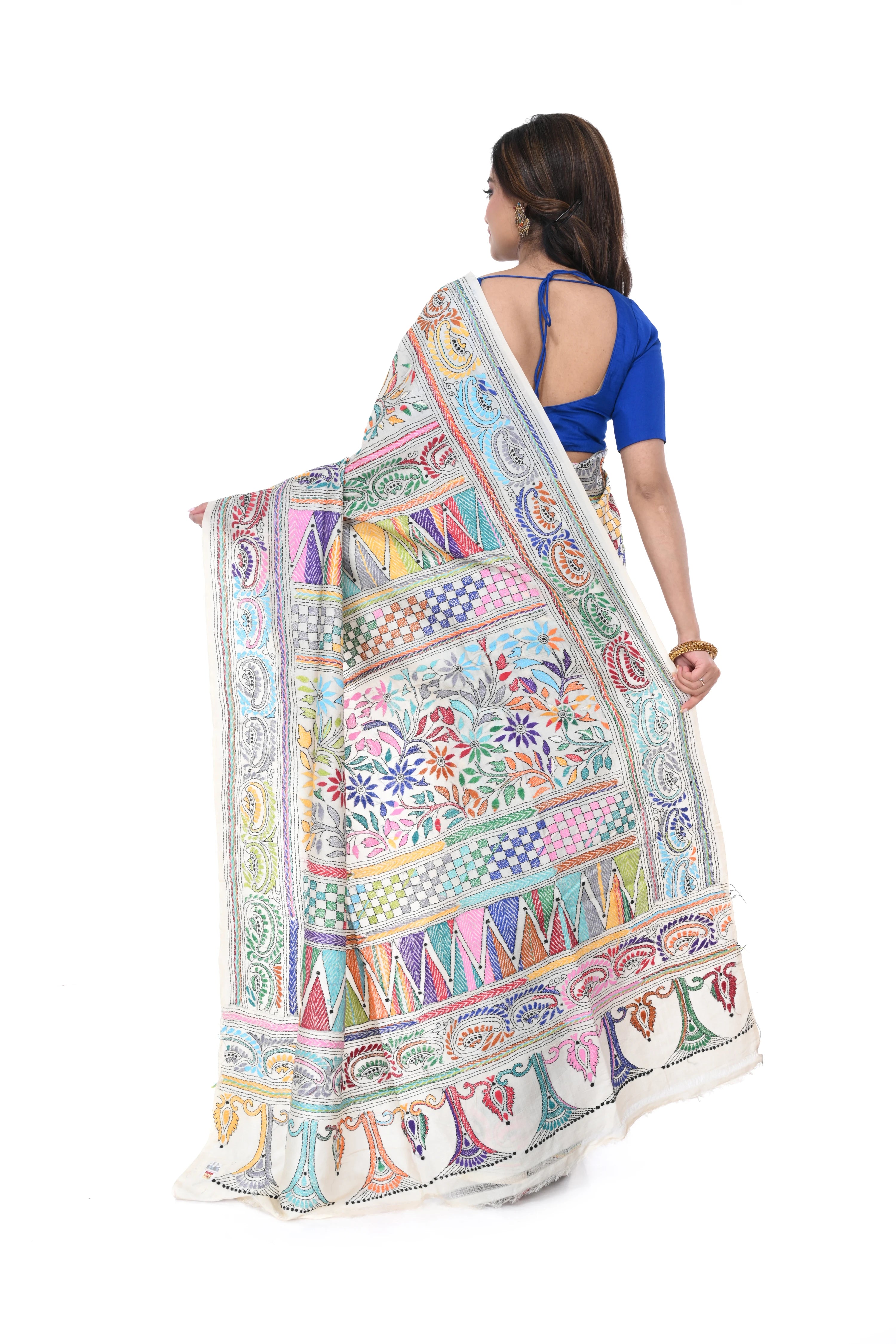 Tussar Silk Saree with Vertical Kantha Work