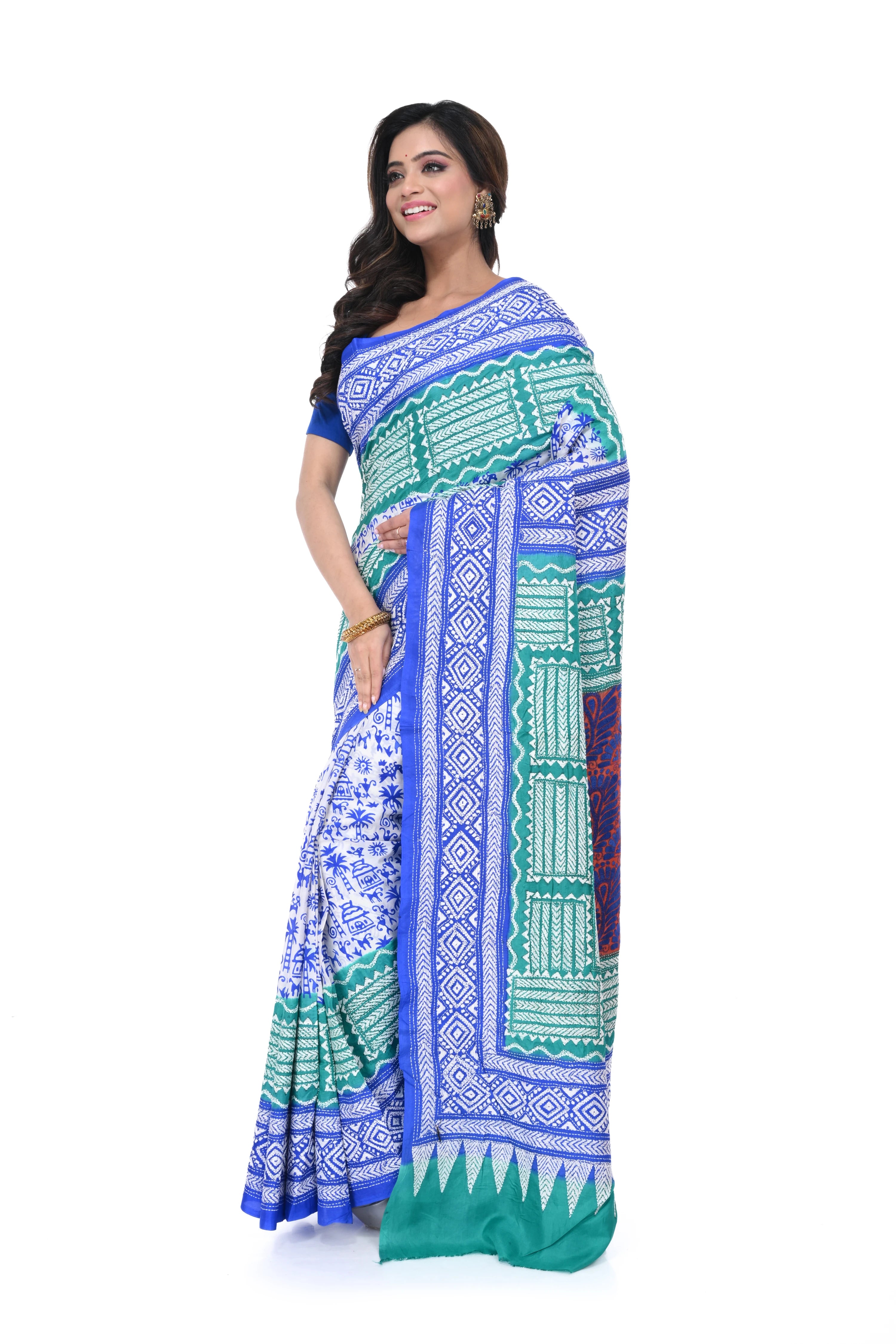 Blue & White Kantha Stitch Saree with Block Print Concept