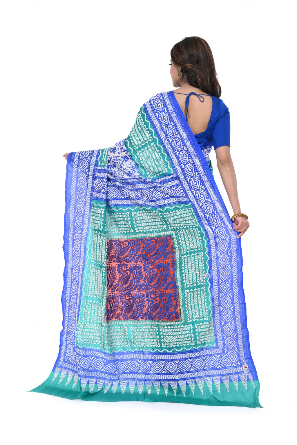 Blue & White Kantha Stitch Saree with Block Print Concept