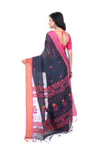 Black Handloom Saree with Pink & Orange Border