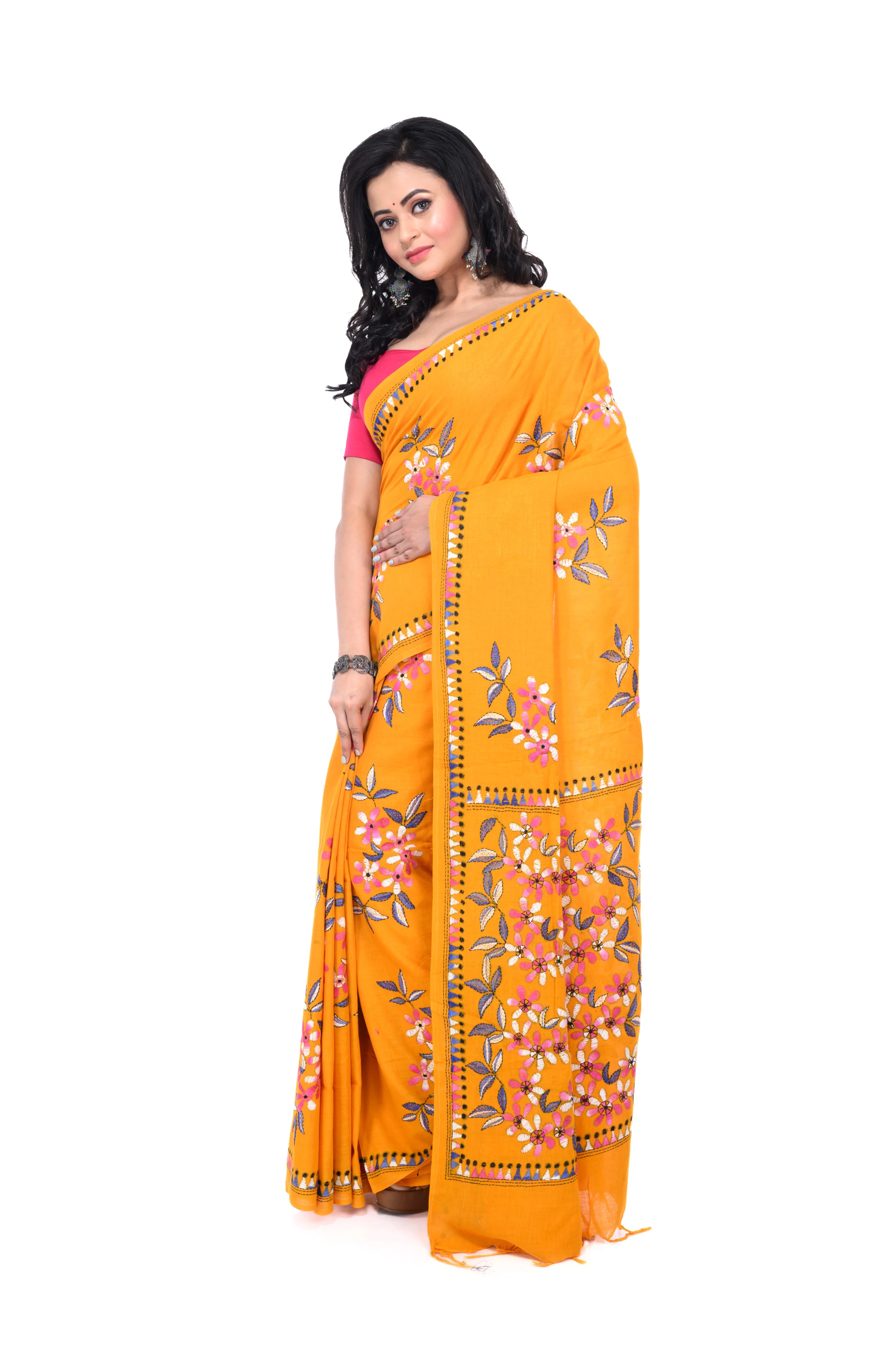 Yellow Cotton Kantha Saree with Exclusive Work