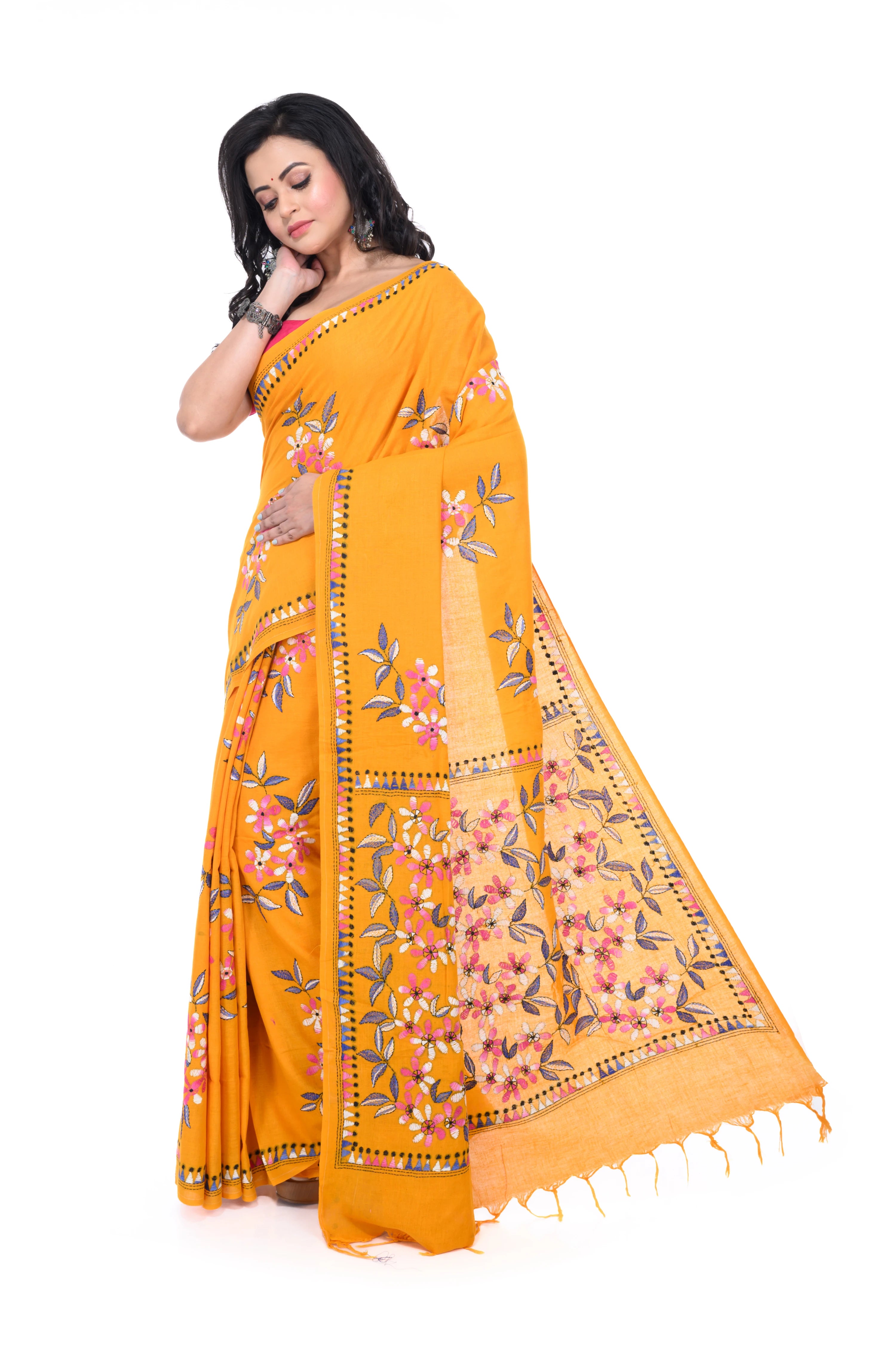 Yellow Cotton Kantha Saree with Exclusive Work
