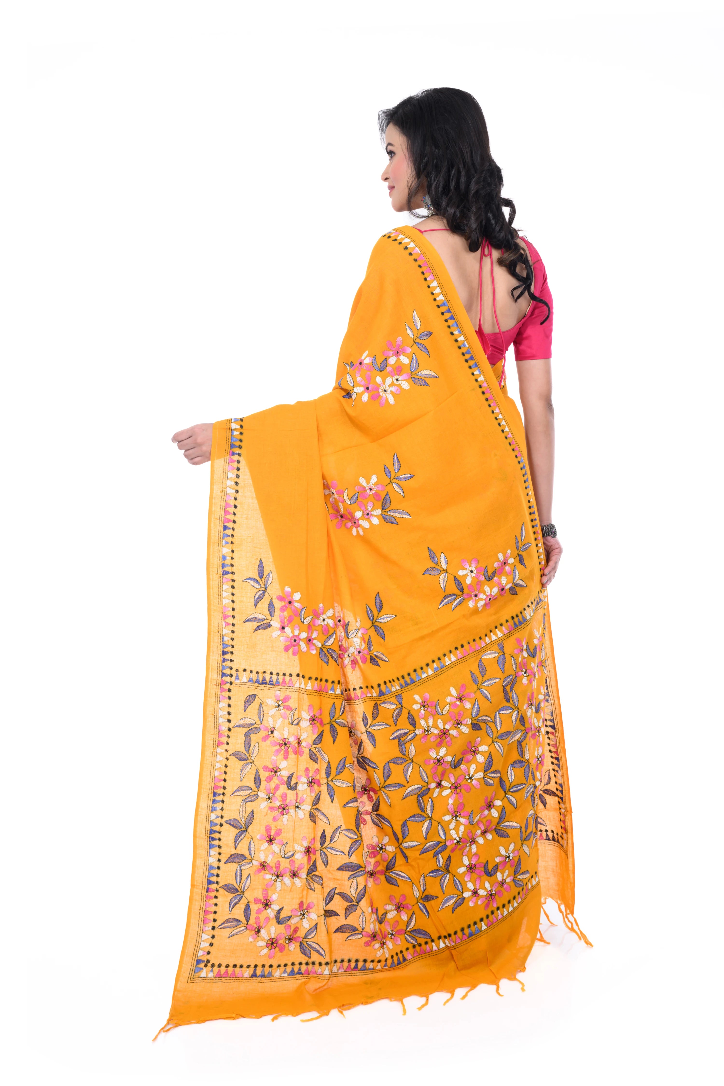 Yellow Cotton Kantha Saree with Exclusive Work