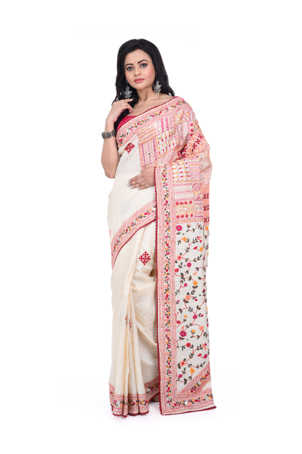 Cream Tussar Saree with Exclusive Yoke - to - Pallu Hand Work