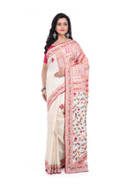 Cream Tussar Saree with Exclusive Yoke - to - Pallu Hand Work
