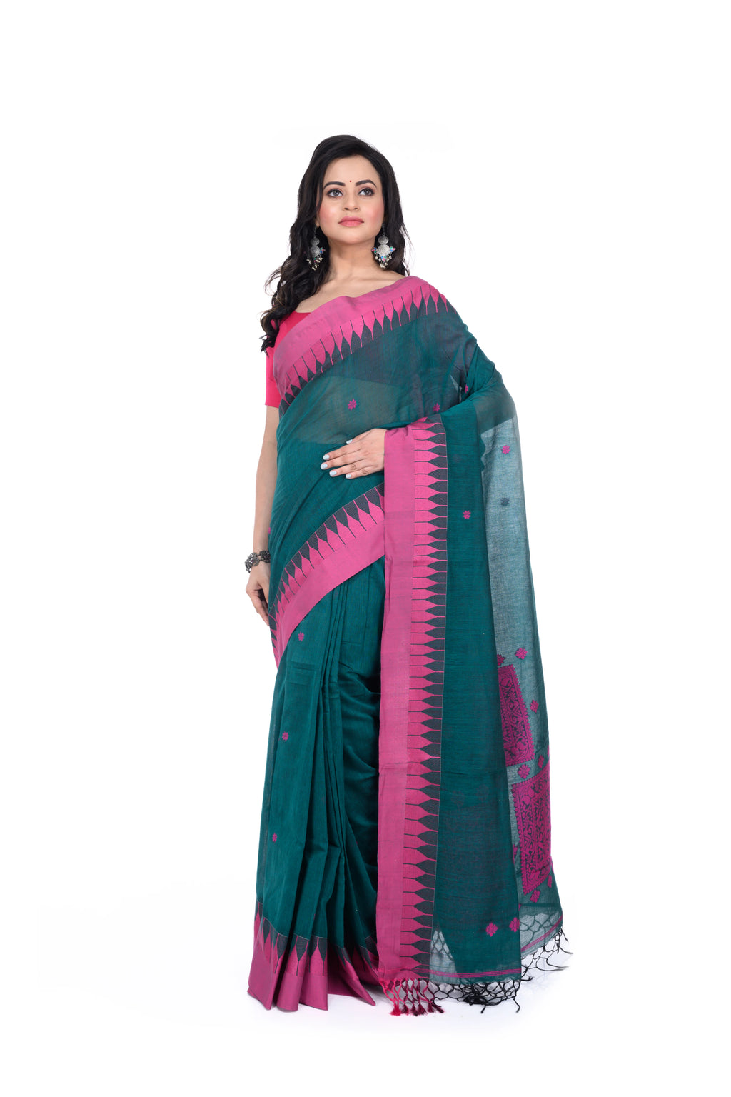 Rama Green Handloom Saree with Pink Border & Pallu