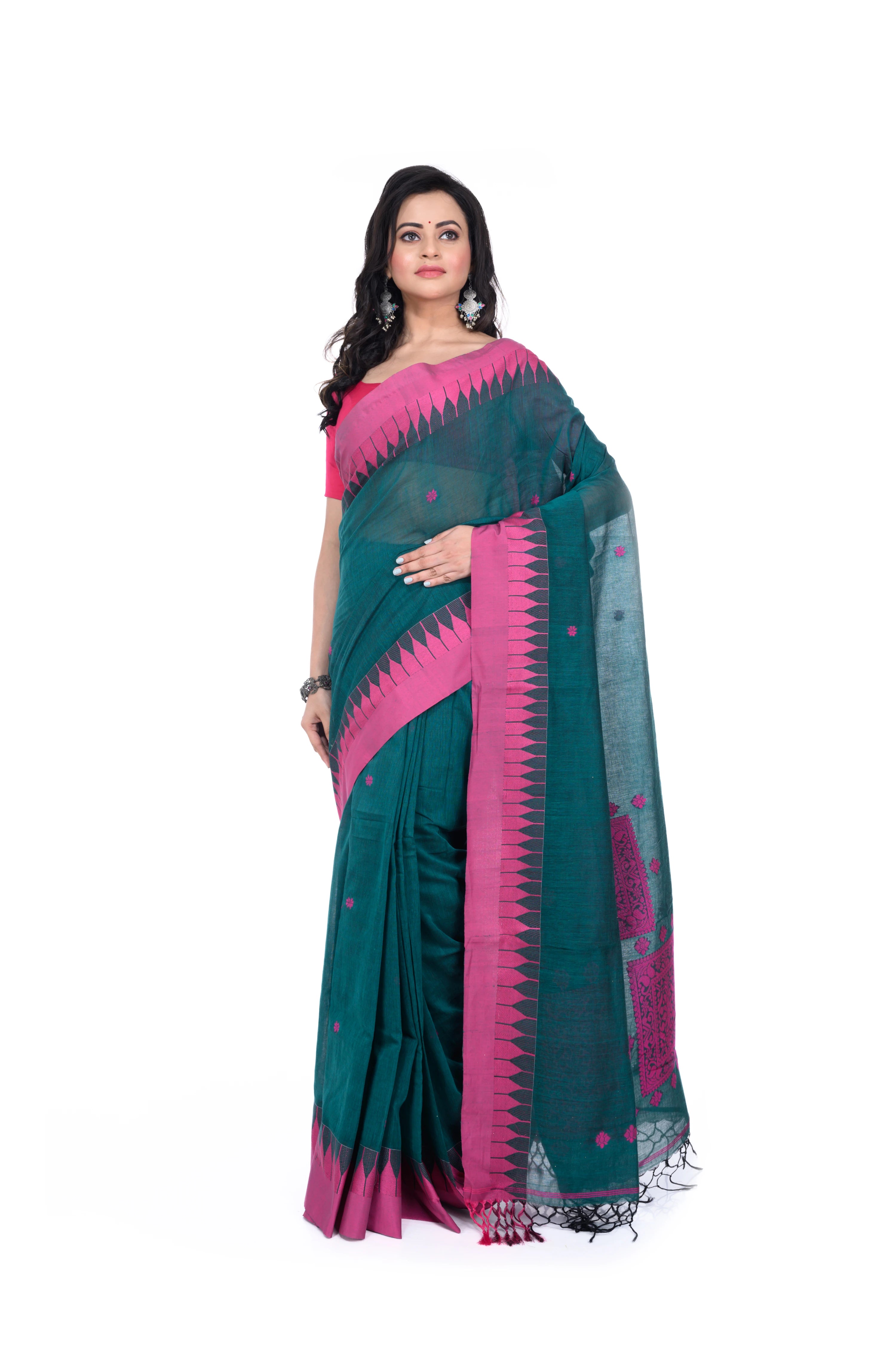 Rama Green Handloom Saree with Pink Border & Pallu