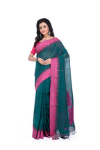 Rama Green Handloom Saree with Pink Border & Pallu
