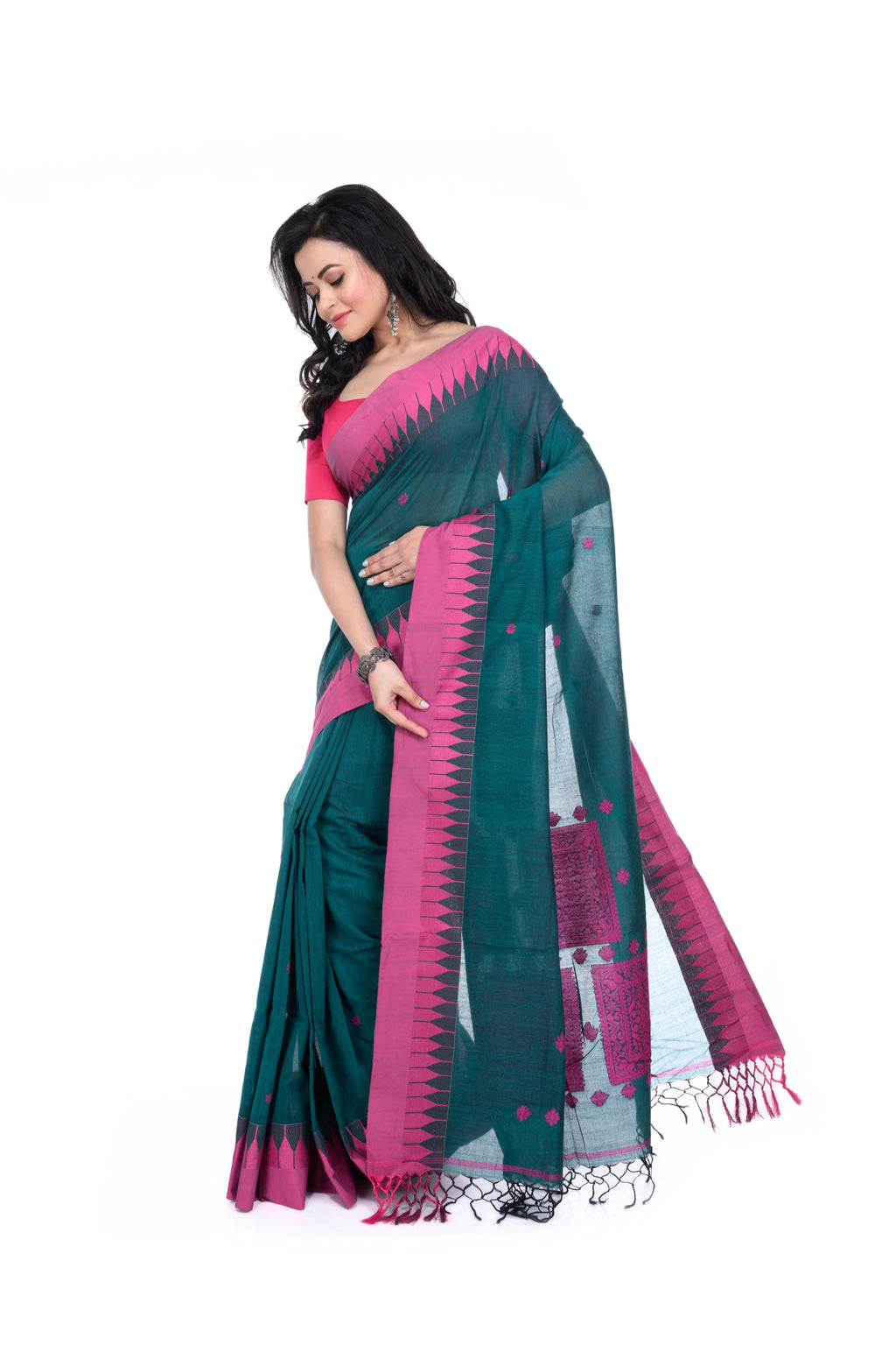 Rama Green Handloom Saree with Pink Border & Pallu
