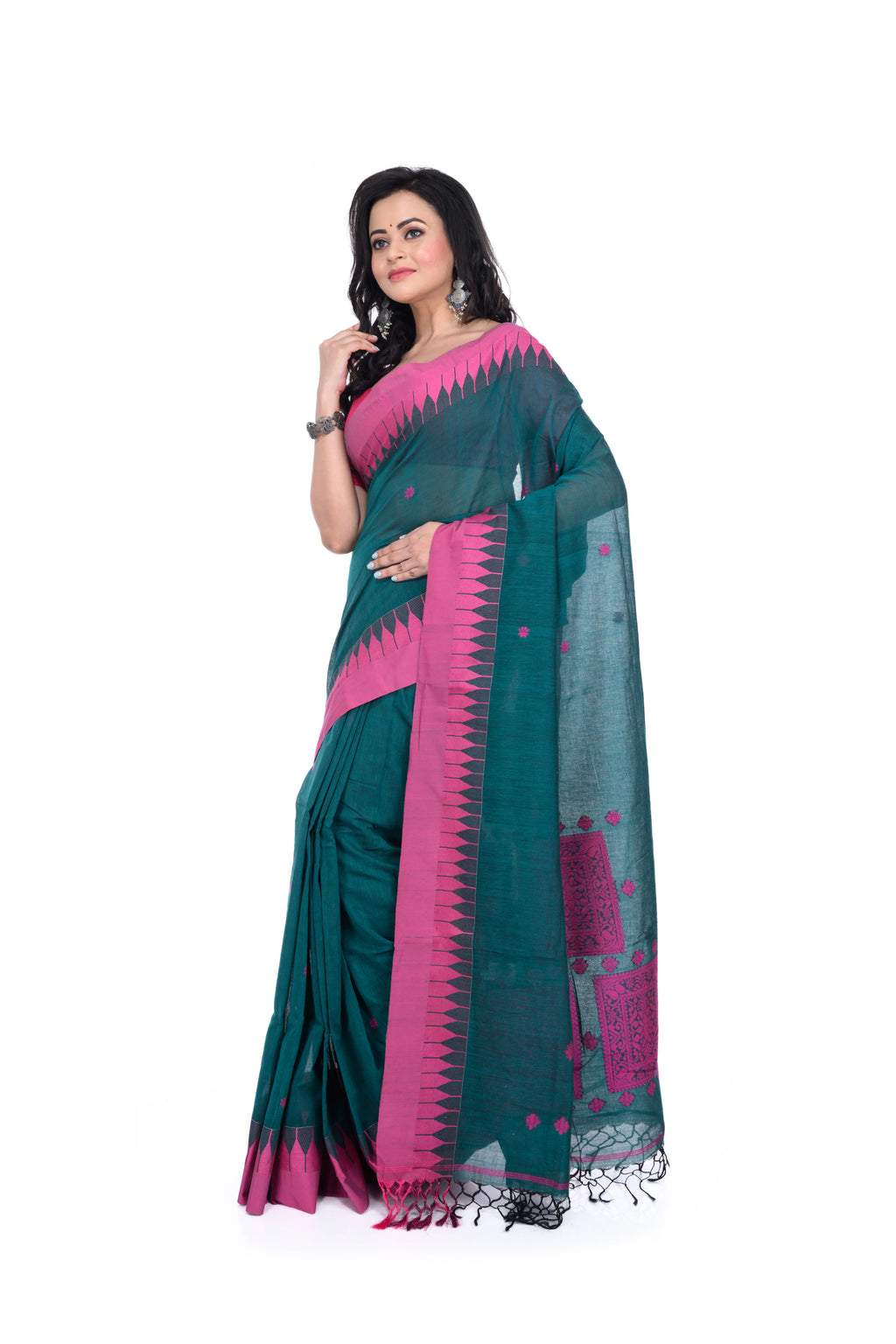 Rama Green Handloom Saree with Pink Border & Pallu