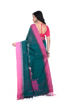 Rama Green Handloom Saree with Pink Border & Pallu
