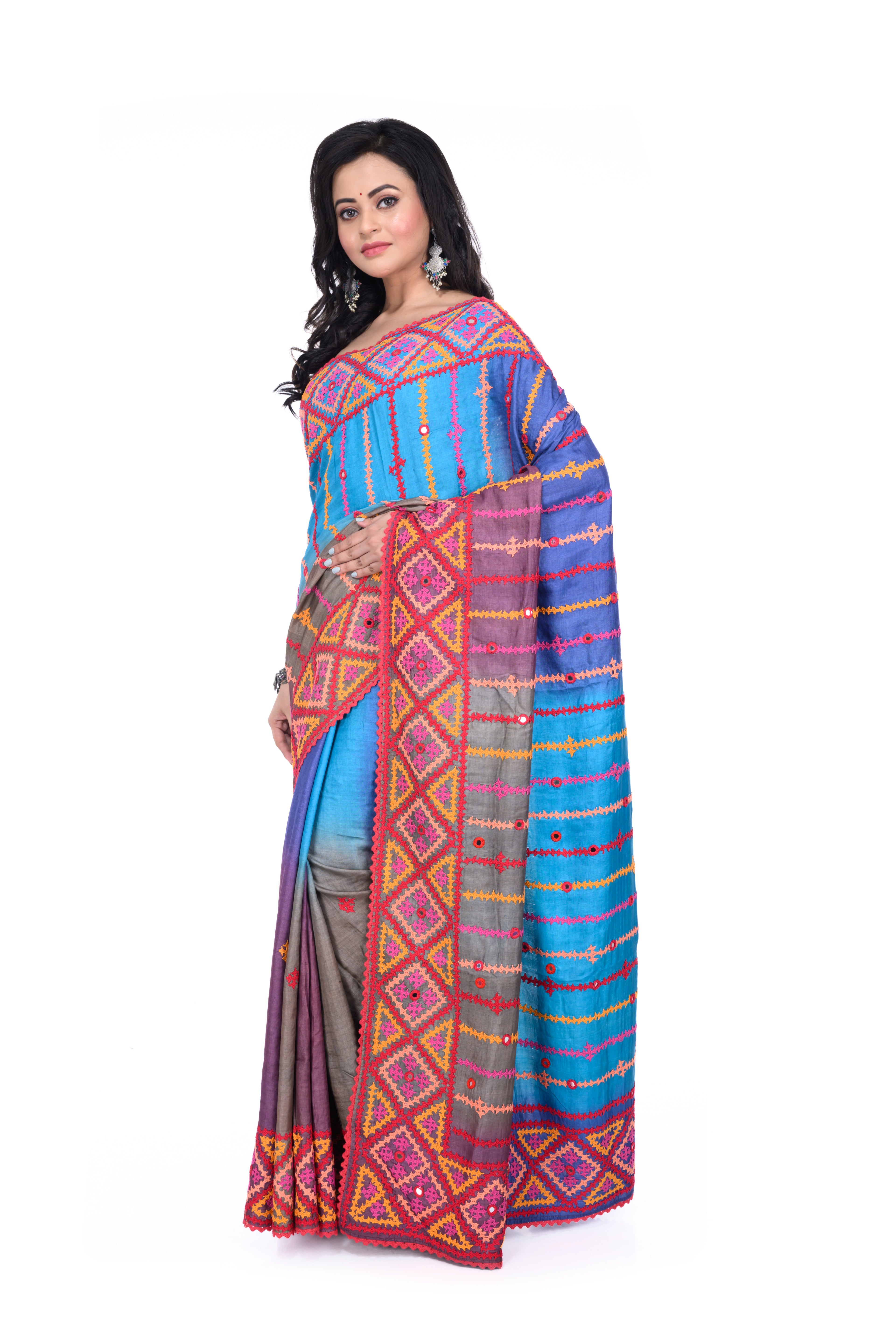 Dyed Tussar Saree with Hand Gujarati Work